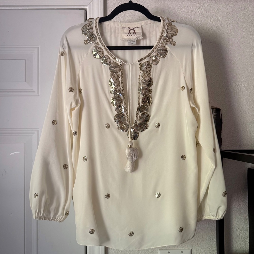 FIGUE off white gold silk beaded puff long sleeve blouse shirt top